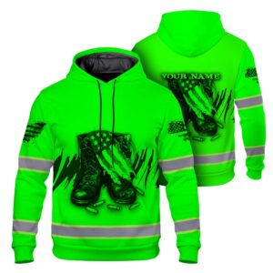 High Visibility Hoodie American Flag Reflective Safety Hoodie, Custom Name Workwear for Workers, Runners, Patriotic