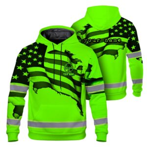 High Visibility Hoodie American Flag Reflective Safety Hoodie, Custom Name Workwear for Workers, Runners, Patriotic