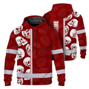 Hi Vis Hoodie Reflective Tapes Red Neon Polynesian Skull Custom Name Safety Workwear For Workers, Truckers, Operators