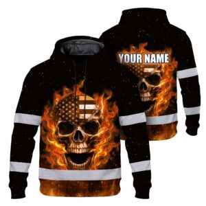 Hi Vis Hoodie Reflective Tapes Orange Neon US Skull Custom Name Safety Workwear For Workers, Truckers, Operators