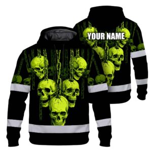 Hi Vis Hoodie Reflective Tapes Lime Neon Skull Chain Custom Name Safety Workwear For Workers, Truckers, Operators