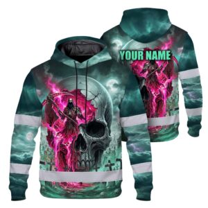 Hi Vis Hoodie Reflective Tapes Green Neon Pink Skull Custom Name Safety Workwear For Workers, Truckers, Operators
