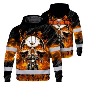 Hi Vis Hoodie Reflective Tapes Orange Neon Fire Biker Skull Custom Name Safety Workwear For Workers, Truckers, Operators