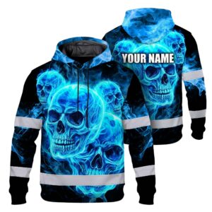 Hi Vis Hoodie Reflective Tapes Blue Neon Skull Fire Custom Name Safety Workwear For Workers, Truckers, Operators