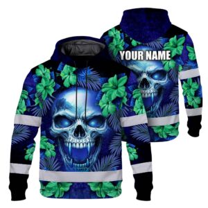Hi Vis Hoodie Reflective Tapes Blue Green Skull Flower Custom Name Safety Workwear For Workers, Truckers, Operators