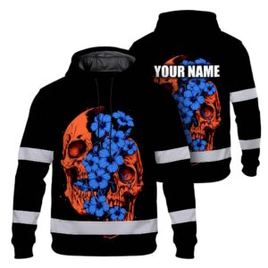Hi Vis Hoodie Reflective Tapes Orange Blue Neon Skull Custom Name Safety Workwear For Workers, Truckers, Operators