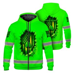 High Visibility Zip Hoodie American Flag Reflective Safety Hoodie, Custom Name Workwear for Workers, Runners, Patriotic