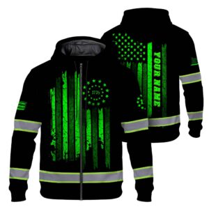 High Visibility Zip Hoodie American Flag Reflective Safety Hoodie, Custom Name Workwear for Workers, Runners, Patriotic