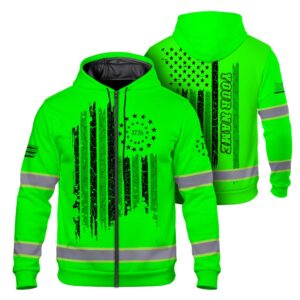 High Visibility Zip Hoodie American Flag Reflective Safety Hoodie, Custom Name Workwear for Workers, Runners, Patriotic
