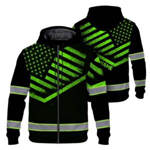 High Visibility Zip Hoodie American Flag Reflective Safety Hoodie, Custom Name Workwear for Workers, Runners, Patriotic
