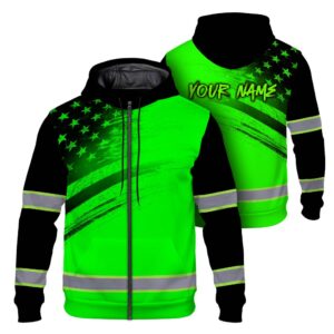 High Visibility Zip Hoodie American Flag Reflective Safety Hoodie, Custom Name Workwear for Workers, Runners, Patriotic