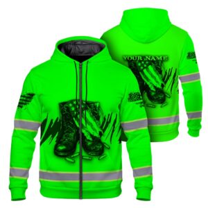 High Visibility Zip Hoodie American Flag Reflective Safety Hoodie, Custom Name Workwear for Workers, Runners, Patriotic