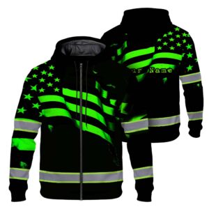 High Visibility Zip Hoodie American Flag Reflective Safety Hoodie, Custom Name Workwear for Workers, Runners, Patriotic