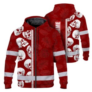 Hi Vis Zip Hoodie Reflective Tapes Red Neon Polynesian Skull Custom Name Safety Workwear For Workers, Truckers, Operators