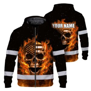Hi Vis Zip Hoodie Reflective Tapes Orange Neon US Skull Custom Name Safety Workwear For Workers, Truckers, Operators