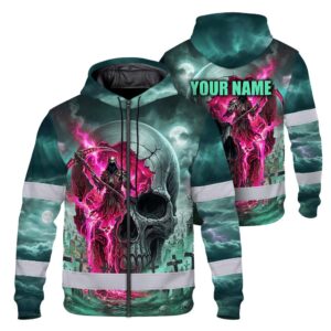 Hi Vis Zip Hoodie Reflective Tapes Green Neon Pink Skull Custom Name Safety Workwear For Workers, Truckers, Operators