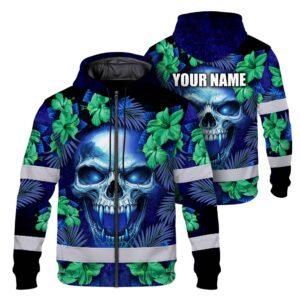 Hi Vis Zip Hoodie Reflective Tapes Blue Green Skull Flower Custom Name Safety Workwear For Workers, Truckers, Operators