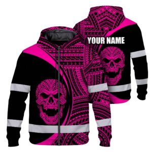 Hi Vis Zip Hoodie Reflective Tapes Pink Neon Skull Custom Name Safety Workwear For Workers, Truckers, Operators