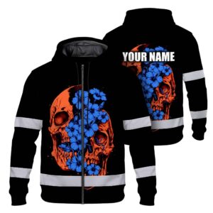 Hi Vis Zip Hoodie Reflective Tapes Orange Blue Neon Skull Custom Name Safety Workwear For Workers, Truckers, Operators