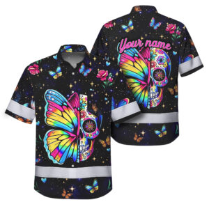 Hi Vis Hawaiian Shirt Reflective Tapes Sugar Skull Butterfly Custom Name Safety Workwear For Workers, Truckers, Operators