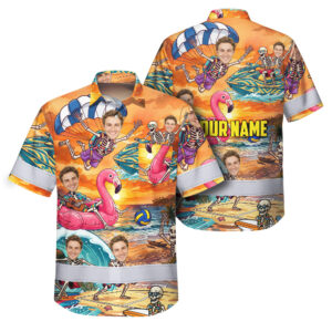 Hi Vis Hawaiian Shirt Reflective Tapes Skeleton Surfing Beach Sunset Custom Name And Image Safety Workwear For Workers, Truckers, Operators