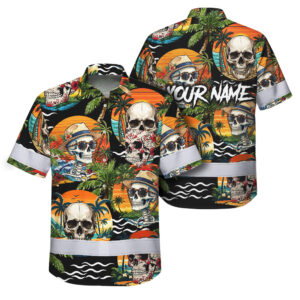 Hi Vis Hawaiian Shirt Reflective Tapes Sugar Skull Tropical Sunset Custom Name Safety Workwear For Workers, Truckers, Operators