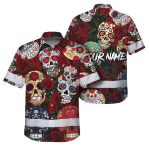 Hi Vis Hawaiian Shirt Reflective Tapes Sugar Skull Rose Gothic Custom Name Safety Workwear For Workers, Truckers, Operators