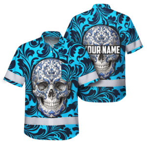 Hi Vis Hawaiian Shirt Reflective Tapes Skull Blue Neon Custom Name Safety Workwear For Workers, Truckers, Operators