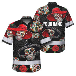 Hi Vis Hawaiian Shirt Reflective Tapes Sugar Skull Floral Gothic Custom Name Safety Workwear For Workers, Truckers, Operators