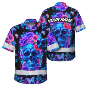 Hi Vis Hawaiian Shirt Reflective Tapes Sugar Skull Floral Custom Name Safety Workwear For Workers, Truckers, Operators