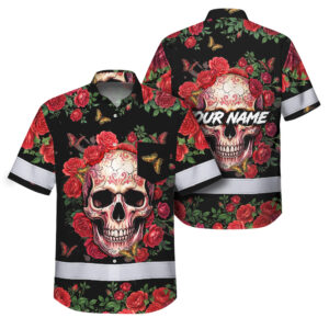 Hi Vis Hawaiian Shirt Reflective Tapes Sugar Skull Rose Custom Name Safety Workwear For Workers, Truckers, Operators