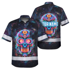 Hi Vis Hawaiian Shirt Reflective Tapes Sugar Skull Colorful Gothic Custom Name Safety Workwear For Workers, Truckers, Operators