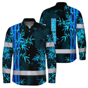 Hi Vis Hawaiian Long Sleeve Shirt Reflective Tape Blue Neon Bamboo Custom Name Safety Workwear For Workers, Truckers, Operators