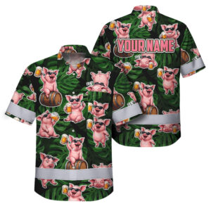 Hi Vis Hawaiian Shirt Reflective Tapes Funny Pig Beer Custom Name Safety Workwear For Workers, Truckers, Operators