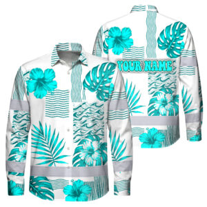 Hi Vis Hawaiian Long Sleeve Shirt Reflective Tape Blue Neon White Flower Custom Name Safety Workwear For Workers, Truckers, Operators