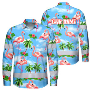 Hi Vis Hawaiian Long Sleeve Shirt Reflective Tape Blue Pink Flamingo Custom Name Safety Workwear For Workers, Truckers, Operators
