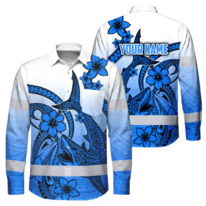 Hi Vis Hawaiian Long Sleeve Shirt Reflective Tape Blue Pink Neon Polynesian Custom Name Safety Workwear For Workers, Truckers, Operators