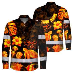 Hi Vis Hawaiian Long Sleeve Shirt Reflective Tape Gradient Orange Neon Turtle Custom Name Safety Workwear For Workers, Truckers, Operators