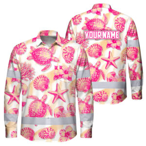 Hi Vis Hawaiian Long Sleeve Shirt Reflective Tape Light Orange Pink Sea Custom Name Safety Workwear For Workers, Truckers, Operators