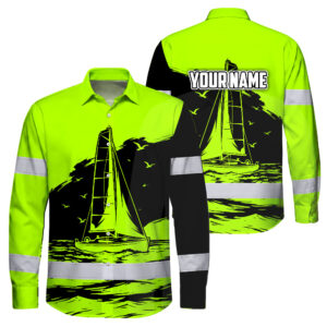 Hi Vis Hawaiian Long Sleeve Shirt Reflective Tape Lime Neon Sea Boat Custom Name Safety Workwear For Workers, Truckers, Operators