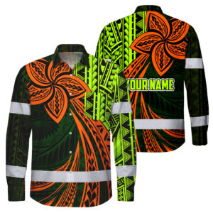 Hi Vis Hawaiian Long Sleeve Shirt Reflective Tape Orange Lime Neon Polynesian Custom Name Safety Workwear For Workers, Truckers, Operators