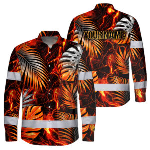 Hi Vis Hawaiian Long Sleeve Shirt Reflective Tape Orange Neon Leaves Custom Name Safety Workwear For Workers, Truckers, Operators