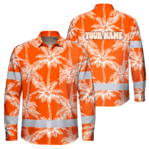 Hi Vis Hawaiian Long Sleeve Shirt Reflective Tape Orange Neon White Tree Custom Name Safety Workwear For Workers, Truckers, Operators