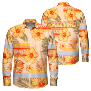 Hi Vis Hawaiian Long Sleeve Shirt Reflective Tape Orange Pastel Flower Custom Name Safety Workwear For Workers, Truckers, Operators