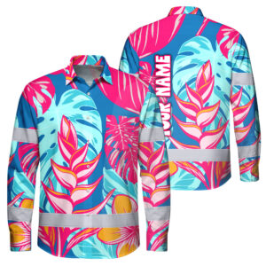 Hi Vis Hawaiian Long Sleeve Shirt Reflective Tape Pink Blue Flower Custom Name Safety Workwear For Workers, Truckers, Operators
