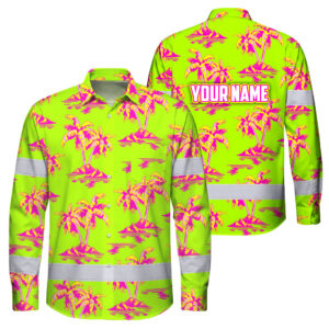 Hi Vis Hawaiian Long Sleeve Shirt Reflective Tape Pink Yellow Coconut Tree Custom Name Safety Workwear For Workers, Truckers, Operators