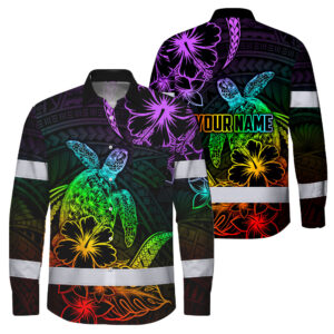 Hi Vis Hawaiian Long Sleeve Shirt Reflective Tape Rainbow Turtle Sea Custom Name Safety Workwear For Workers, Truckers, Operators