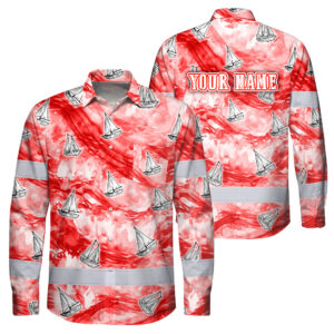 Hi Vis Hawaiian Long Sleeve Shirt Reflective Tape Red White Sea Boat Custom Name Safety Workwear For Workers, Truckers, Operators