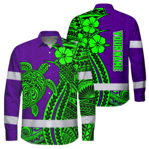 Hi Vis Hawaiian Long Sleeve Shirt Reflective Tape Violet Green Neon Polynesian Custom Name Safety Workwear For Workers, Truckers, Operators
