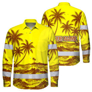 Hi Vis Hawaiian Long Sleeve Shirt Reflective Tape Yellow Neon Coconut Tree Custom Name Safety Workwear For Workers, Truckers, Operators
